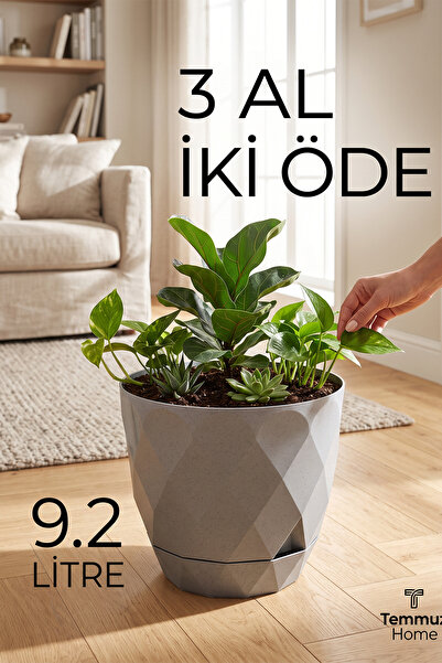 TEMMUZ HOME 9.2 Litre Dekoratif Prizma Desenli Büyük Boy Tabaklı Plastik Saks...