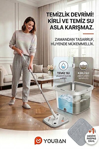 Youban Temiz Su Ile Kirli Suyu Ayıran Otomatik Temizlik Seti Pro +1 Yedek Mop...