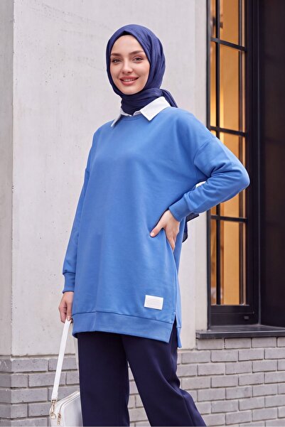 Modamorfo Crew Neck Sweatshirt with Slits and Embroidery - Blue
