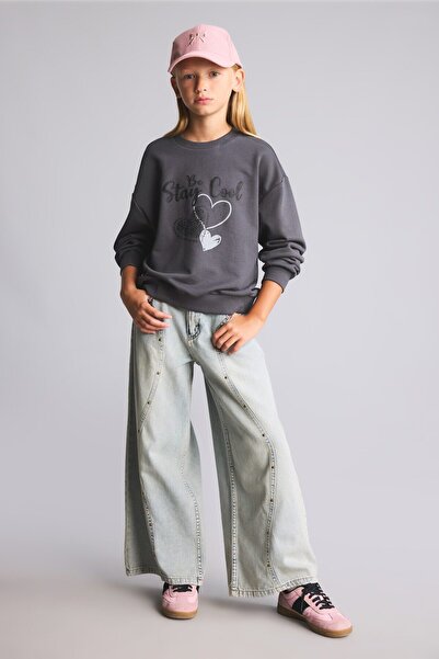 DeFacto 100% Cotton Barrel Fit Wide Leg Staple Detailed Jean Trousers for Gir...