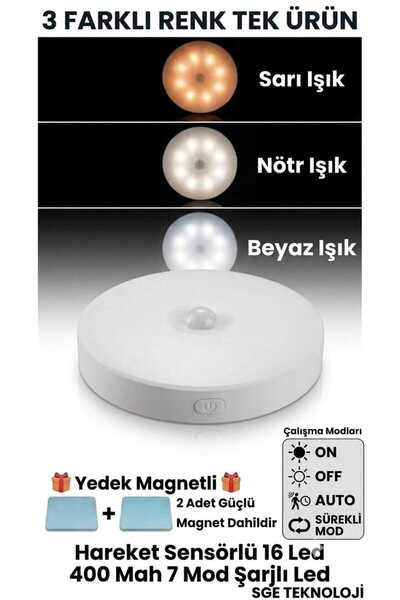 sgeteknoloji Hareket Sensörlü 16 Led 400mah 7 mod Şarjlı 3 Renk Beyaz-Gün-Nöt...