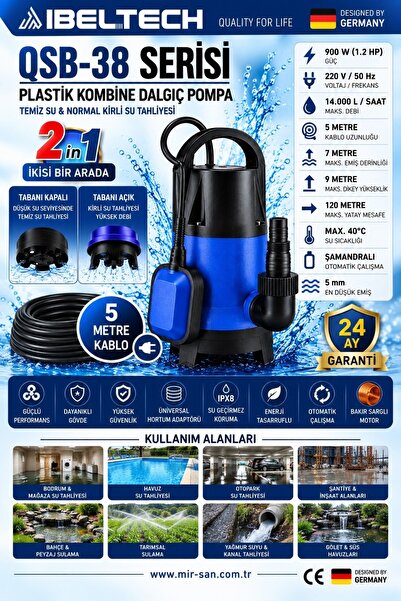 İBELTECH 900W 1.2 Hp Kombine Dalgıç Pompa 2’si 1 Arada Şamandıralı 14.000 L/S...