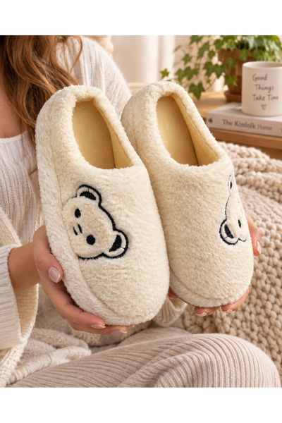 Moda Frato Fluffy Teddy Bear Patterned Women's Home Slippers Winter Wool Slip...