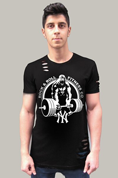 ROCKANDROLL Tricou negru rupt cu mânecă scurtă Gorilla Gym