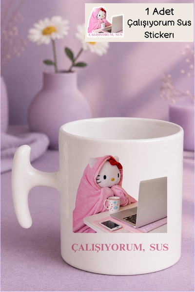 Witchy Co Hello Kitty Çalışıyorum Sus Yazılı, Komik Kupa Bardak ve 10 Adet Ke...