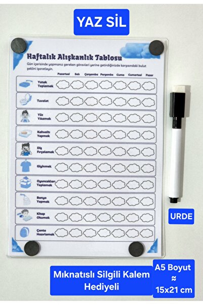 Erkek Çocuk Magnetli Yaz Sil Alışkanlık ve Sorumluluk Takip Tablosu LAMİNASYON (PVC)-Bulut Temalı-Buzdolabı Magneti