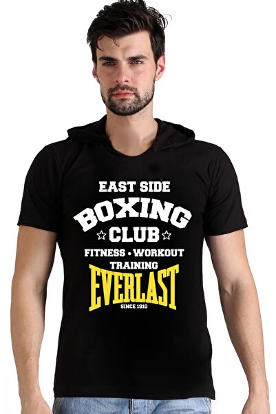 ROCKANDROLL Tricou pentru bărbați cu mânecă scurtă și glugă neagră Boxing Club