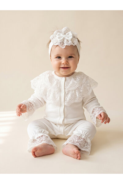 MONTİNA Minik Prenses Beyaz Dantelli %100 Pamuk İnterlok Premium Bebek Tulum ...