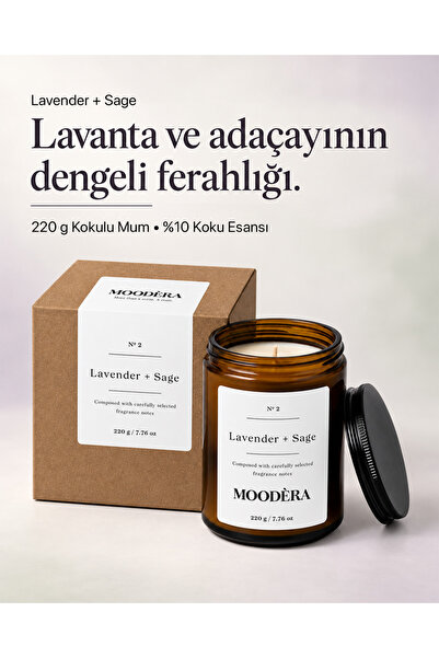 MOODÈRA Lavender + Sage Kokulu Mum, %10 Koku Esansı, Soya ve Parafin Mum Karı...