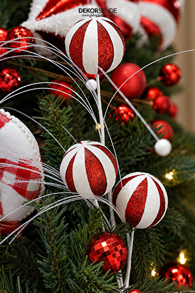 Dekorsende Christmas Ornament 3-Piece Shiny Ball Branch Red White 60 cm