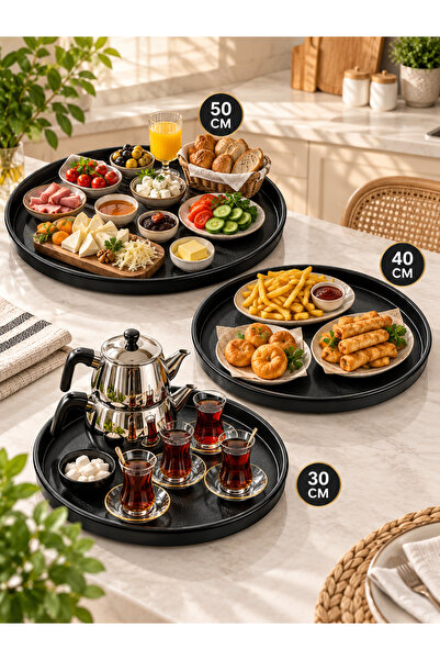 Arsimo Metal Tepsi Seti 3’lü Yuvarlak Üst yüzey Siyah- Alt yüzey Krem Servis ...
