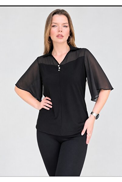 PARKDERİN Plus Size Chiffon Sleeved Button Detail Bluz