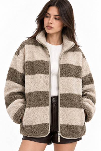 Mixray 4981 Kadın Kahve Çizgili Cepli Yumuşak Dokulu Polar Sweatshirt