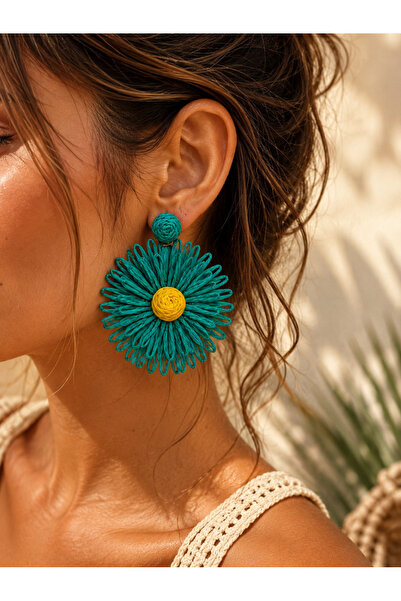 ACAR TAKI Green Color Straw Daisy Earrings Acr9862