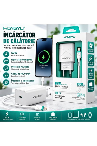 Hongyu Încărcător Telefon Rapid 67W cu Cablu Lightning 1000 mm – Încărcare Rapidă și Sigură