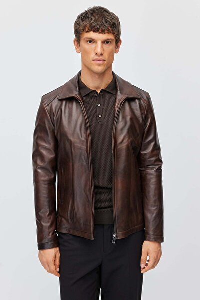 PAULMARK Men's Comfortable Fit Zippered Classic Collar Leather Coat