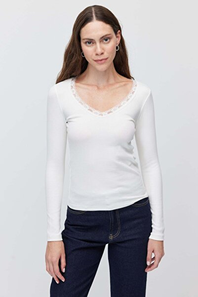 PAULMARK Women's Lace Detailed V-Neck Ribbed Long Sleeve Blouse