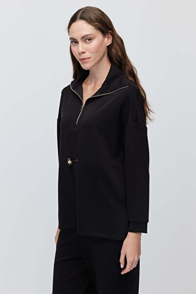 PAULMARK Women's Collared Zippered Knitted Sweatshirt with Drawstring Waist