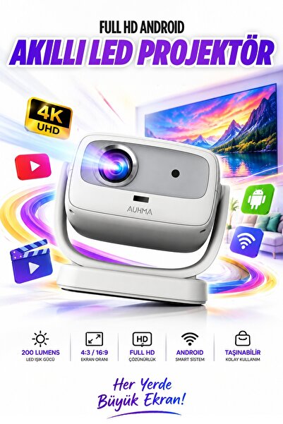 auhma APR1 180° Dönebilen 4K Destekli Android Akıllı LED Projeksiyon Cihazı –...