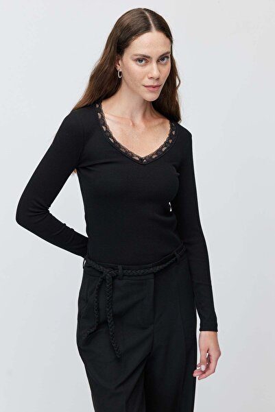 PAULMARK Women's Lace Detailed V-Neck Ribbed Long Sleeve Blouse