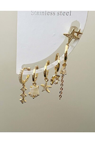 ACAR TAKI Steel 6-Piece Tulip and Star Earring Set-Gold Color Acr9020