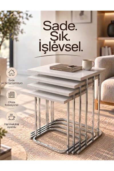 Nokta Sehpa Home 4LÜ RÜYA TREND GÜMÜŞ METAL BEYAZ TABLA ZİGON SEHPA YAN SEHPA...
