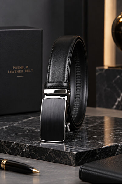 awix Men's Black Leather Automatic Buckle Belt Without Holes (Width 3.5 cm)