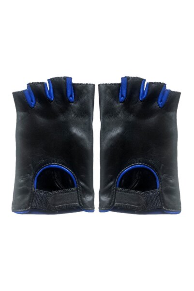 Deri Eldivenci Fingerless Men's Leather Gloves (Black Blue)
