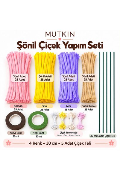 Mutkin Karışık Renk Dolgun Şönil Çiçek Yapım Seti 100 Adet 30 cm, DIY Hobi ve...
