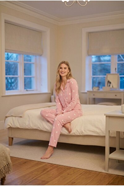 GOOD NİGHT Kadın Pembe Kalp Desenli Uzun Kollu Gömlek Pijama Takımı- Rahat ve...