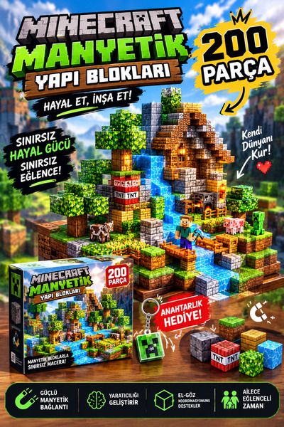 acces Bol Hediyeli Manyetik Yapı Blokları Seti Minecraft 200 Parça