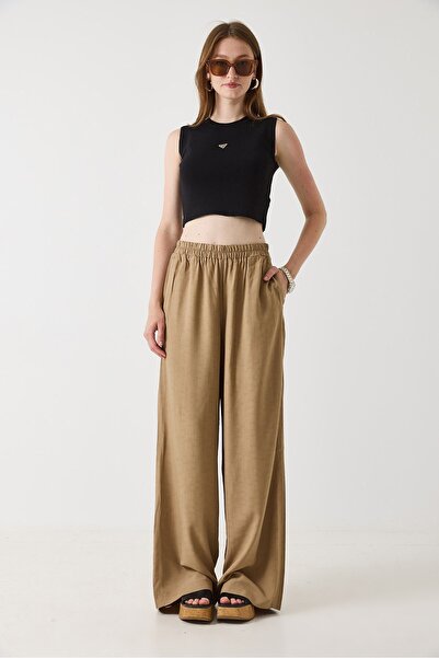 Juuuj Mink Flexible Textured Wide Leg Loose Cut Trousers with Elastic Waist a...