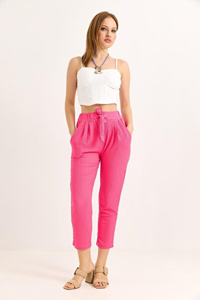 Juuuj Pink Wrinkled Knitted Fabric High Elastic Waist Adjustable Tie Detail C...
