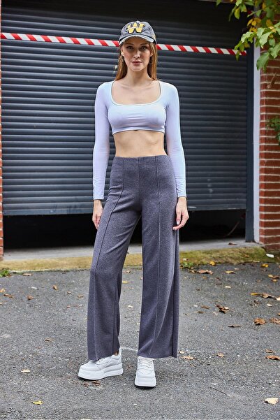 Juuuj Gray Lycra Knitted Fabric High Waist Wide Cut Stitching Detailed Comfor...