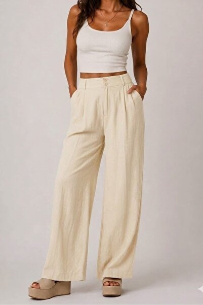 Juuuj Beige Thick Belted High Waist Double Button Comfortable Cut Wide Leg Pa...