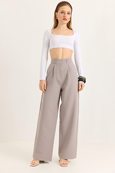 Juuuj Gray Draped Fabric Wide-Leg Wide-Fit Trousers with Elastic Waist and Ad...