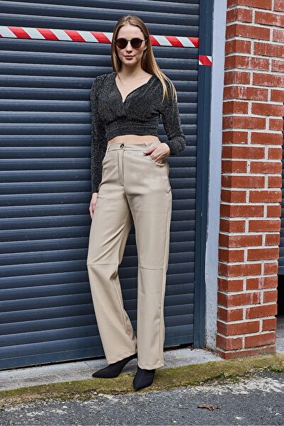 Juuuj Beige Faux Leather High Waist Wide Leg Full-Fit Pants with Button and Z...
