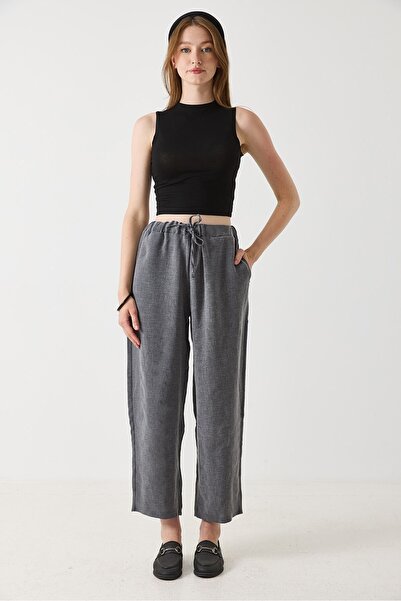 Juuuj Gray Flexible Textured Elastic Waist Comfortable Cut Wide Leg Lace-Up D...