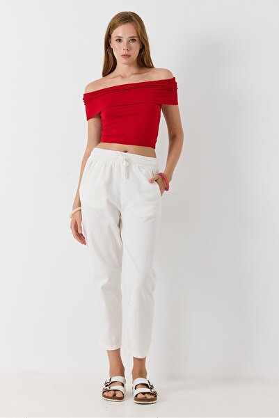 Juuuj White Canvas Textured Elastic High Waist Lace-Up Comfortable Cut Long T...