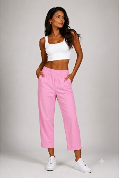 Juuuj Pink Canvas Woven Elastic High Waist Mom Form Practical Trousers with P...