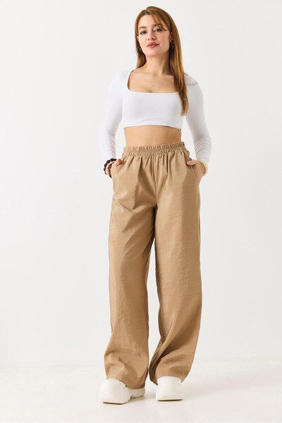 Juuuj Milky Brown Tencel Fabric Loose-Fit Trousers with Elastic Waist and Adj...