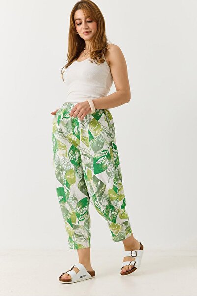 Juuuj Green Patterned Woven Fabric Flexible Elastic Waistband Carrot Cut Comf...