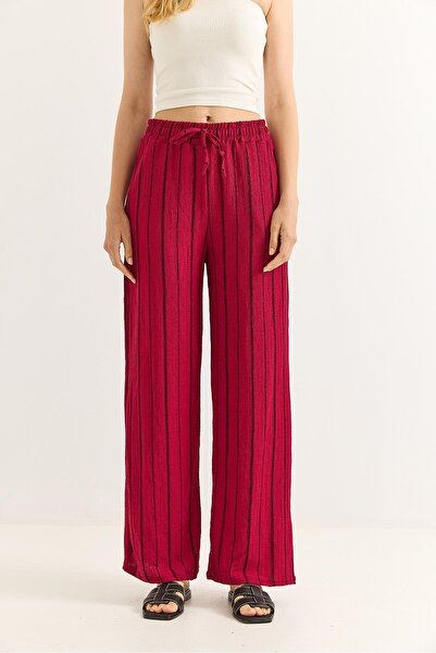 Juuuj Burgundy Wrinkled Textured Striped Wide-Leg Pants with Elastic Waist an...