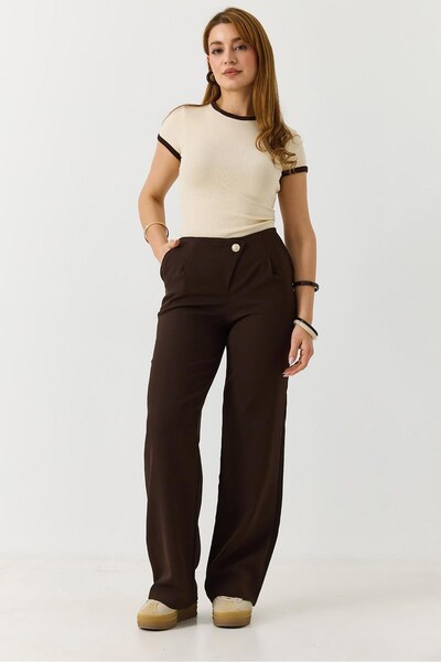 Juuuj Brown Fabric High Waist Relaxed Fit Cross Zipper Button Detailed Trousers