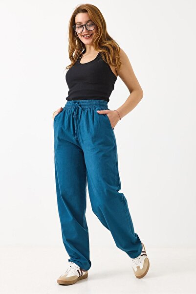 Juuuj Petrol Blue Canvas Fabric Elastic Waist Lace-Up Comfortable Cut Pants w...