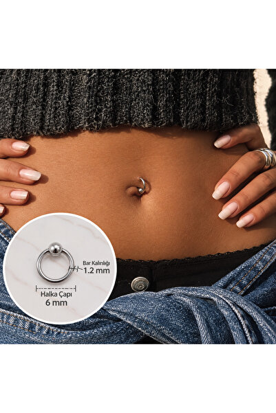 Heppii 316 L Çelik Küçük Topçuklu Düz Halka Göbek Piercingi 6 mm Silver Renk
