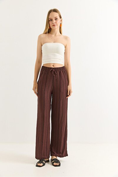 Juuuj Brown Wrinkled Textured Elastic High Waist Comfortable Cut Vertical Str...