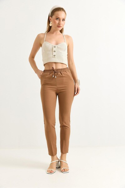 Juuuj Camel Double Crepe Fabric Elastic Waist Lace-Up Detailed Short Leg Slim...