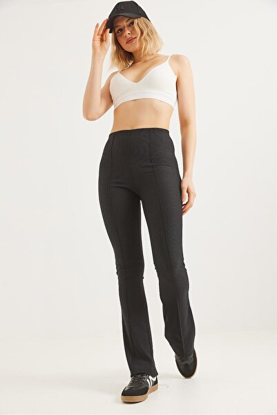 Juuuj Black Ribbed Lycra Fabric High Waist Slim Fit Spanish Flare Trousers wi...