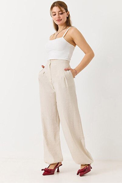 Juuuj Stone Color Woven Fabric Tie-At-The-Ankle Loose Cut Palazzo Style Casua...